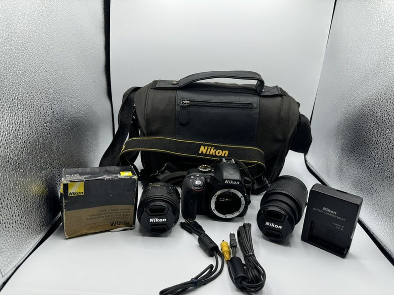 Nikon D3300 24.2MP Digital SLR Camera 18-55mm/55-200mm Wireless Mobil Adapter